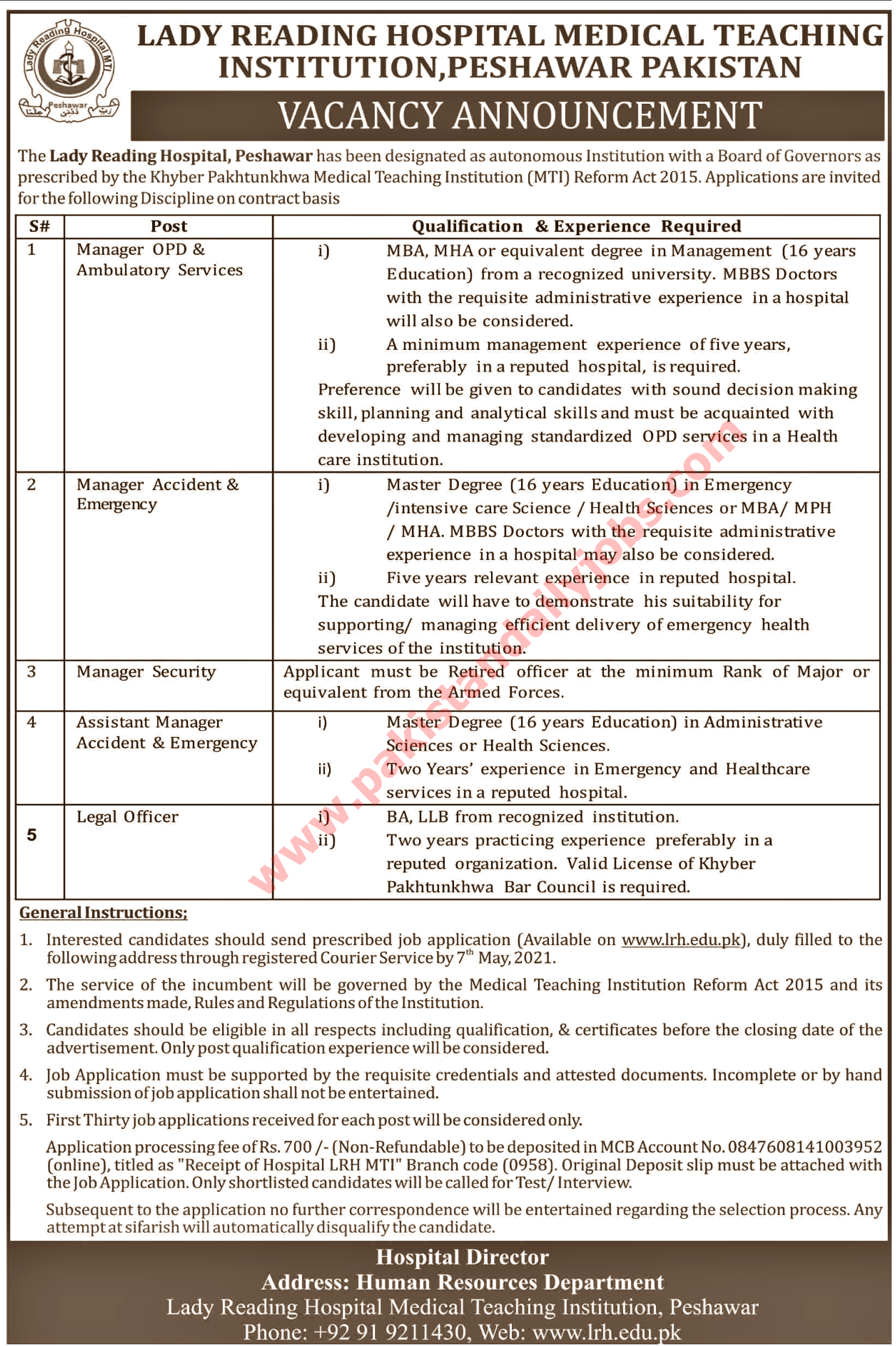 This is advertisement image of Lady Reading Hospital jobs