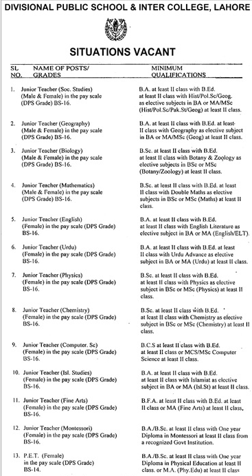 This is advertisement image of Divisional Public School and Inter College jobs