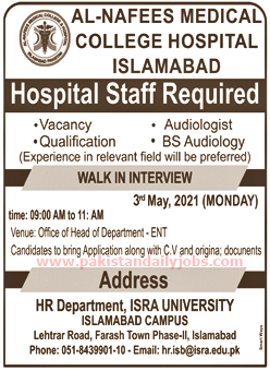 This is advertisement image of Al-Nafees Medical College Hospital jobs